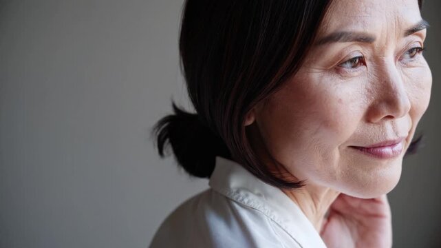 Montage of six different poses of a confident, serene asian middle aged woman with short dark hair wearing a white shirt, isolated on a neutral background