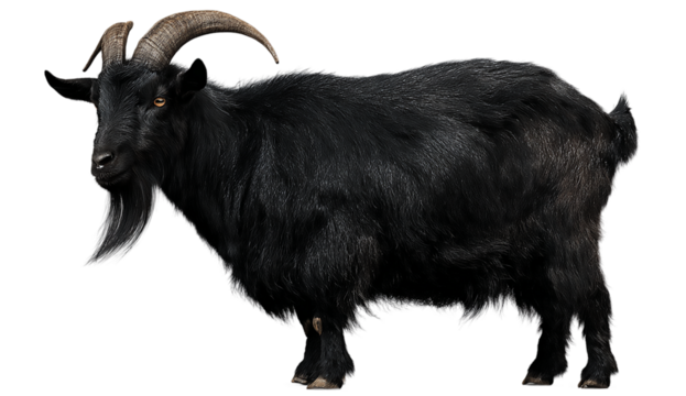 A black goat with impressive horns stands proudly, isolated on transparent background, its beard flowing gracefully