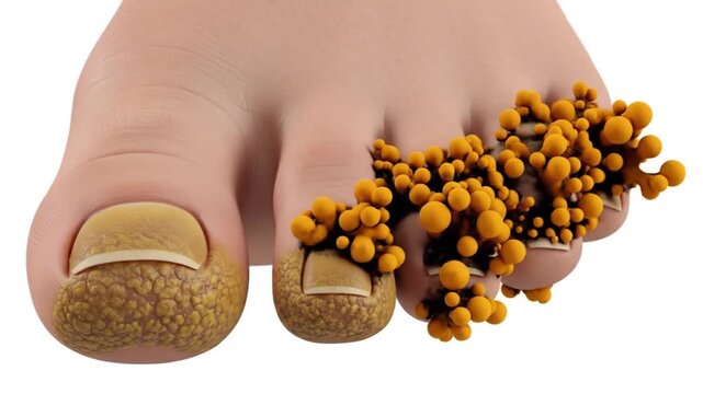 Foot fungus and fungal toenail infection depicted in a revolting image, suitable for medical articles or health related materials. Grotesque and informative.