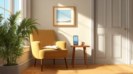 A cozy living space featuring a bright yellow chair, small table, phone, and a plant, ideal for relaxation and leisure.