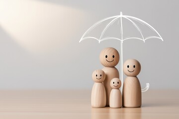 Wooden peg doll family protected by a stylized white umbrella symbolizing safety security and insurance against life s uncertainties