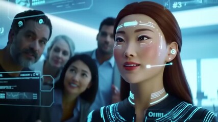 Futuristic technology meeting with a diverse team analyzing digital interfaces in a modern office - Powered by Adobe