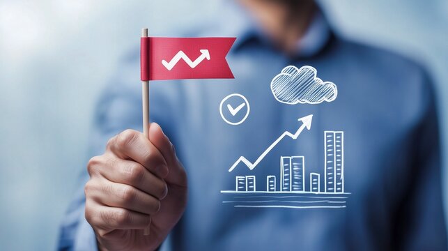 Businessman hand holding red flag near growing graph image with digital overlay. Controlling stock market trends photography conceptual composite. Marketing concept photo realistic - Powered by Adobe