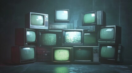 Arrangement of vintage televisions stacked together with a nostalgic, retro aesthetic