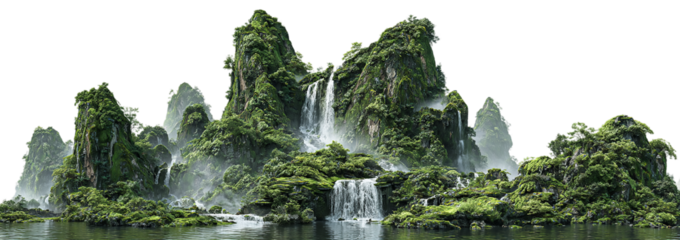A mesmerizing view of a lush mountain range with cascading waterfalls flowing into a tranquil river, surrounded by mist and vibrant greenery isolated on transparent background