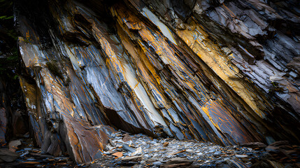 Glowing sedimentary rock layers pulsing with ancient energy, revealing Earth's geological history.