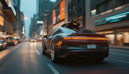 Sleek self-driving car navigates noisy city street at dusk. Autonomous vehicle technology illuminates urban landscape with glowing taillights, sensor pods. Modern transportation blends with city