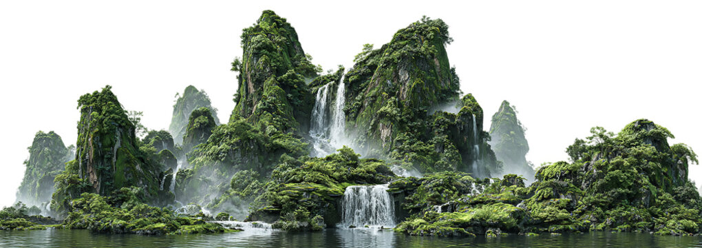 A mesmerizing view of a lush mountain range with cascading waterfalls flowing into a tranquil river, surrounded by mist and vibrant greenery isolated on transparent background