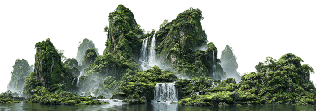 A mesmerizing view of a lush mountain range with cascading waterfalls flowing into a tranquil river, surrounded by mist and vibrant greenery isolated on transparent background