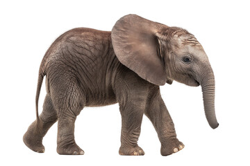 A charming baby elephant is walking gracefully, isolated on transparent background, showcasing its adorable features and gentle nature
