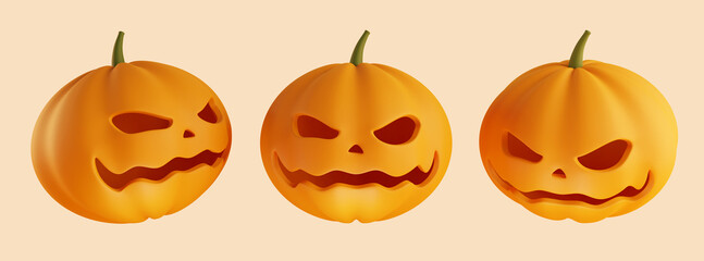 3D Render Pumpkin Halloween with scary face. 3 isolated cutout Evil Jack o lantern pumpkin head with smile emotion for trick or treat haunting in October holiday autumn seasonal of fear ghost festival