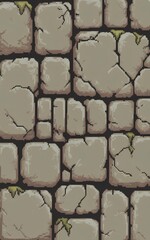 Old wall of gray stone blocks, overgrown with moss old dungeon, castle in pixel art style. Background with pixel seamless texture of an old stone wall