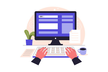 Typing Hands on Keyboard. Data Entry Illustration with Computer Screen and Document. Illustrations for websites, landing pages, mobile apps, posters and banners