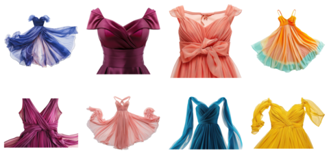 Dresses of various hues with transparent background