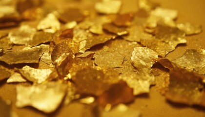 Close-up RAW style of 24-karat gold leaf flakes, edible luxury decoration. Fine gold embellishments offer lavish, extravagant, opulent look for culinary arts, crafts, product design. Shimmering gold
