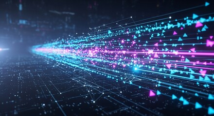 Obraz premium Futuristic Data Stream: Abstract Network of Glowing Triangles and Lines
