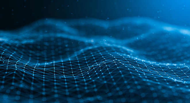 Blue digital wave pattern with glowing dots and lines