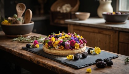 Vibrant edible flower tart showcases colourful petals, blackberries on rustic wooden table. Artisanal dessert preparation in a kitchen, featuring fresh organic ingredients, culinary arts.