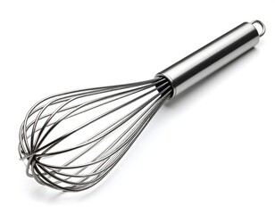 High-quality stainless steel balloon whisk with loop handle resting diagonally on clean white background
