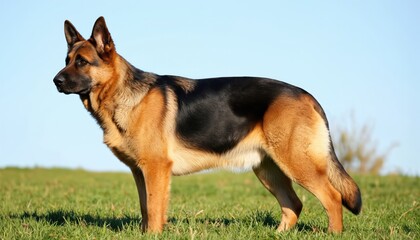 Majestic German Shepherd stands alert in sunlit grassy field, strong build, loyal nature evident. Beautiful breed, with brown, black fur, embodies intelligence, companionship. Perfect for themes of