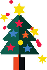 Fototapeta premium Festive green Christmas tree adorned with colorful stars and red baubles vector vector file download