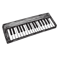 Fototapeta premium Hand-drawn black and white sketch of a piano keyboard isolated on a white background