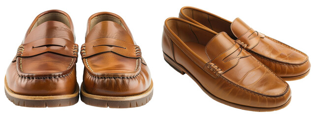 Two pairs of brown loafers with transparent background