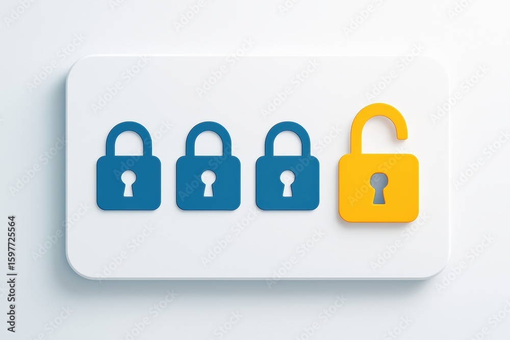 Fototapete blue digital security icons, including one open golden lock, represent unlocking potential in financ