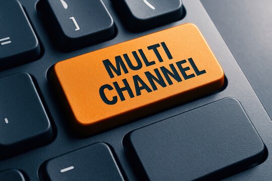 Bright Orange 'Multi Channel' Key Stands Out on Keyboard, representing modern digital marketing strategy and streamlined customer communication.