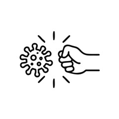 fist kick by bacteria icon in line style, protect on virus isolated on white background , symbol conquer infection disease, protection virus business concept, vector illustration