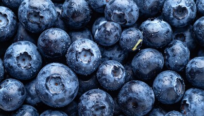 wet and there are droplets of water on blueberry fruits, full frame, as background