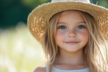 Portrait of adorable little girl with a straw hat standing in the middle of a summer meadow. This image captures the beauty of childhood and the joy of outdoor exploration, Generative AI