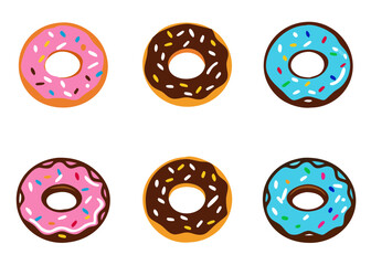 Obraz premium Set of cartoon colorful donuts isolated on white background. The view from the top and from the side. Vector illustration