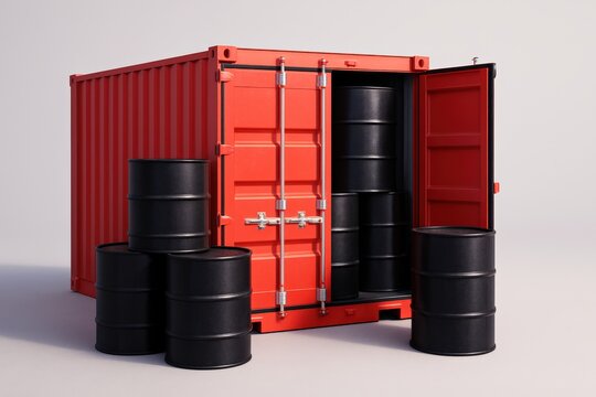 Crimson Shipping Container Displays Black Barrels, a study in color contrast and industrial storage representing global commerce and trade.