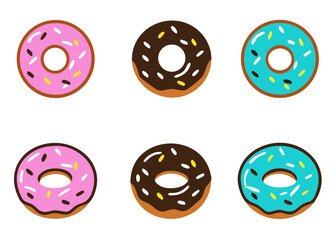Set of cartoon colorful donuts isolated on white background. The view from the top and from the side. Vector illustration