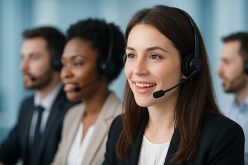Diverse call center team provides excellent service with smiling faces, showcasing professional support in a modern, friendly work environment.