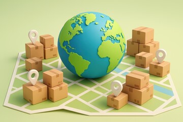 Global Logistics Network Connects World Wide Delivery, visualizing shipping and tracking of packages across continents, a modern solution for international trade.