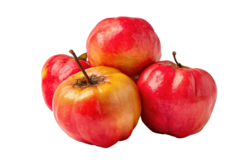 Close-up of four vibrant, clustered fruits.  Reddish-pink skin with mottled yellow-orange sections.  Stems visible.  Smooth, glossy surface.  Isolated against black background