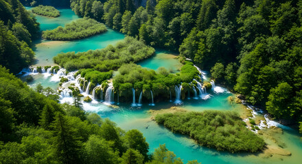Obraz premium Aerial View of Lush Green Waterfall Scenery in National Park