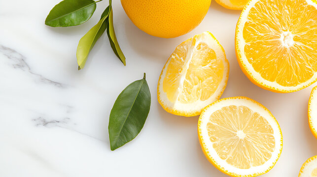 Fresh oranges and slices displayed with green leaves on a marble surface. Perfect for healthy eating themes and recipes.