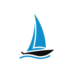 blue Sailing boat logo icon abstract vector template. Sailboat on the waves. Vector illustration
