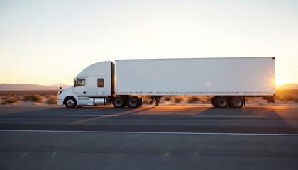 Long white semi truck drives on asphalt highway during sunset. Vehicle with trailer carries cargo. Empty space on truck provides mockup for logo or text. Business transport, logistics and delivery.