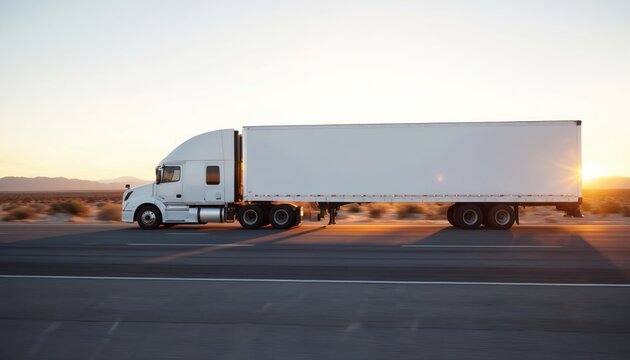 Long white semi truck drives on asphalt highway during sunset. Vehicle with trailer carries cargo. Empty space on truck provides mockup for logo or text. Business transport, logistics and delivery.