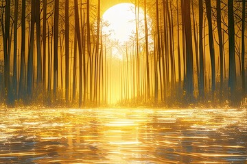 Sunset Behind Tall Trees with Long Shadows on Serene River, Warm Hues and Soft Lighting, Nature Illustration