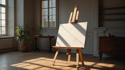 Blank Canvas on Wooden Easel in Sunlit Room