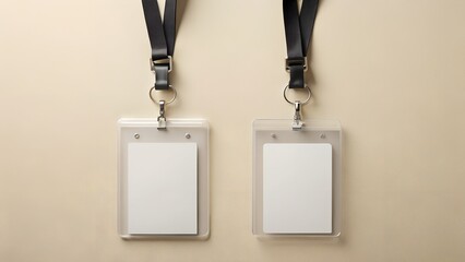 Two Blank Clear Plastic ID Badge Holders with Black Lanyards on Beige Background