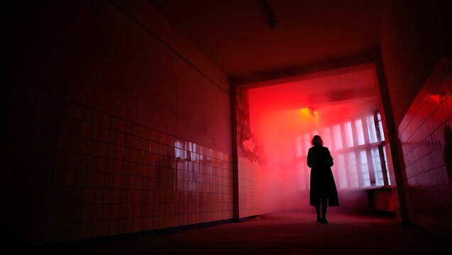 Woman in red light tunnel silhouette mystery danger dark urban exploration scene