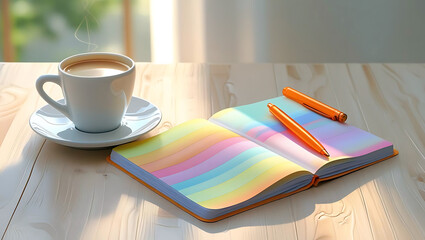 Morning Coffee and Colorful Notebook on Wooden Desk Promoting Productivity and Creativity for Students and Professionals