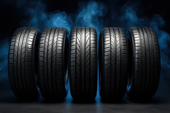 New car tires stand ready, promising performance and safety against a backdrop of intense blue smoke, hinting at power and speed.