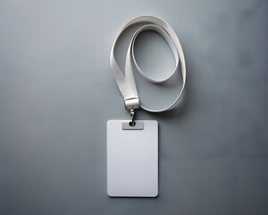 Blank White Name Tag with Lanyard on Gray Background, Minimalist Corporate Identity Mockup